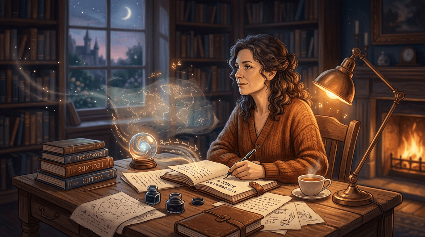 Author drafting a story in a warm study