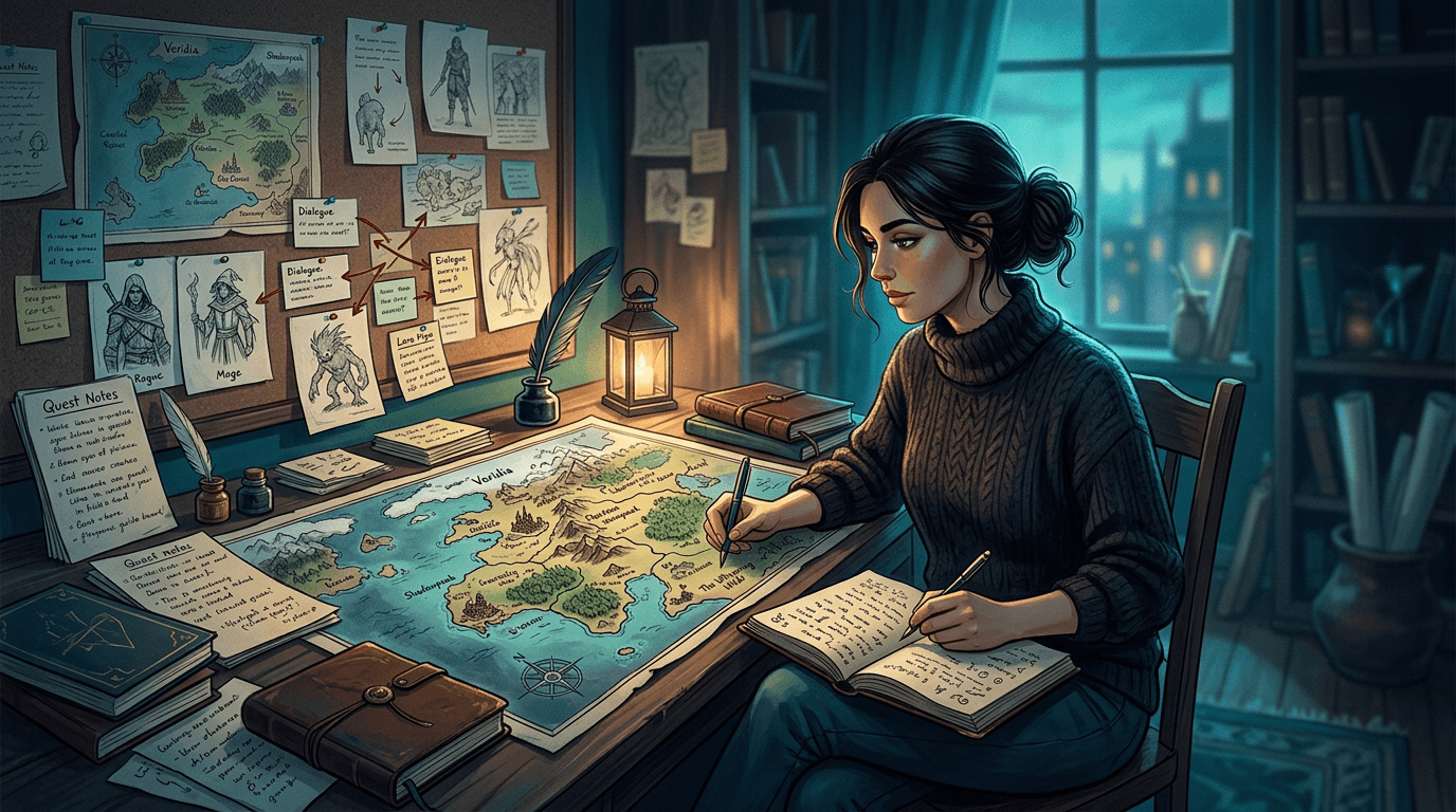 Game creator planning narrative and worldbuilding