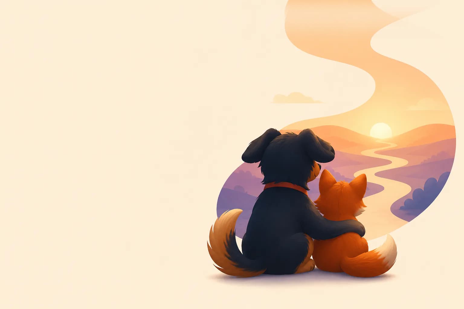 Two companions sitting side by side at dusk, watching a winding road cross sunlit hills