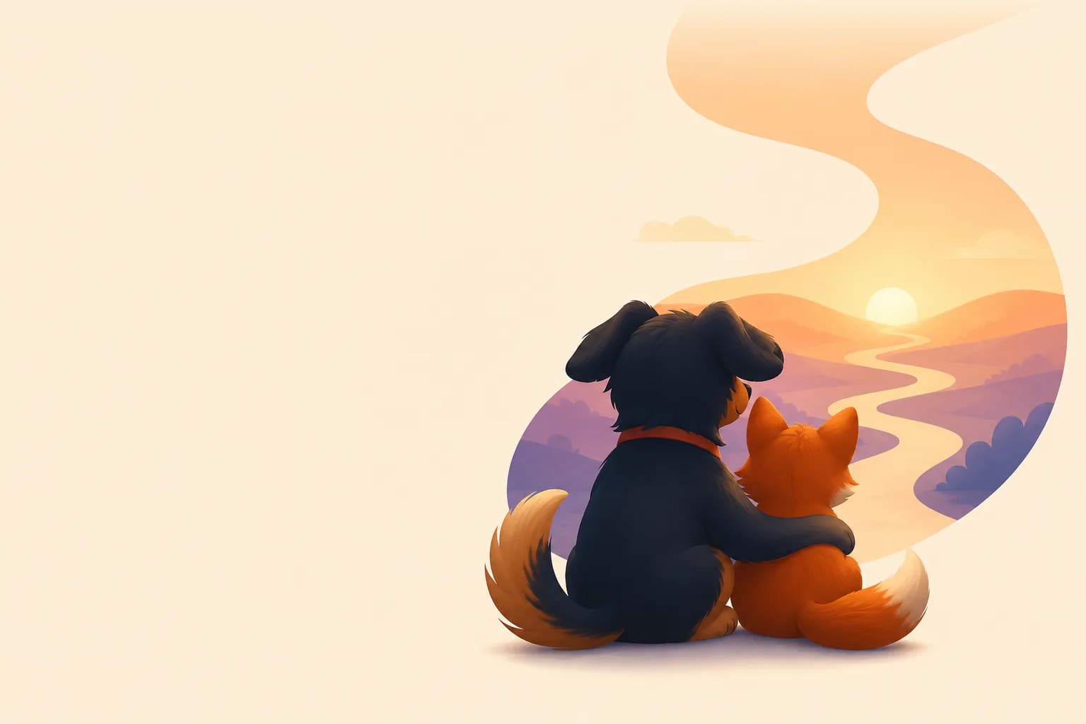 Two companions sitting side by side at dusk, watching a winding road cross sunlit hills